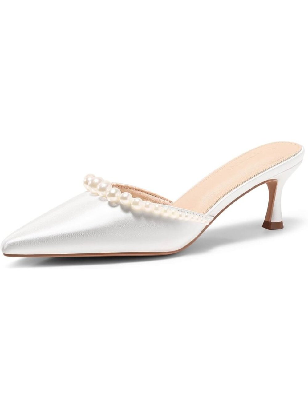 Women's Mules White Closed Pointed Toe Ankle Strap Satin Pearl Kitten Heels